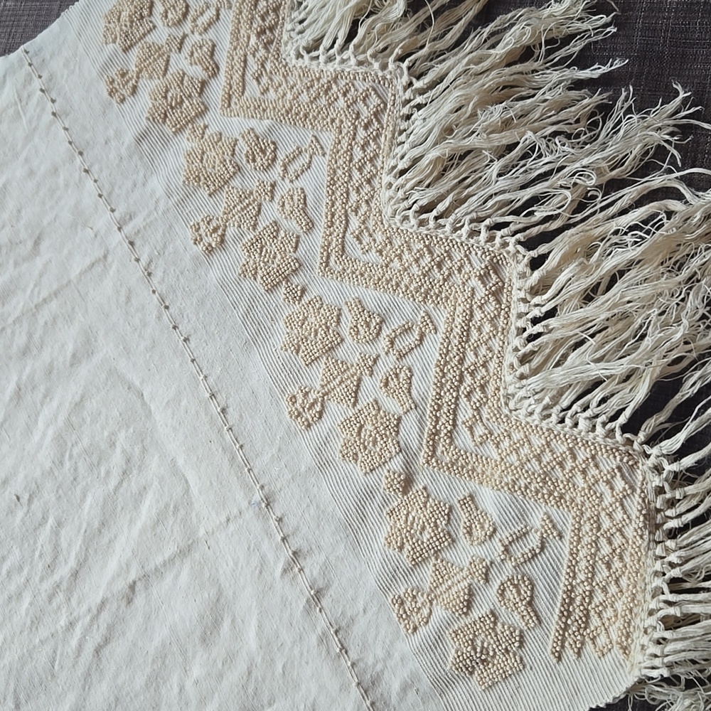 Cream Fringed Embroidered Throw Rug